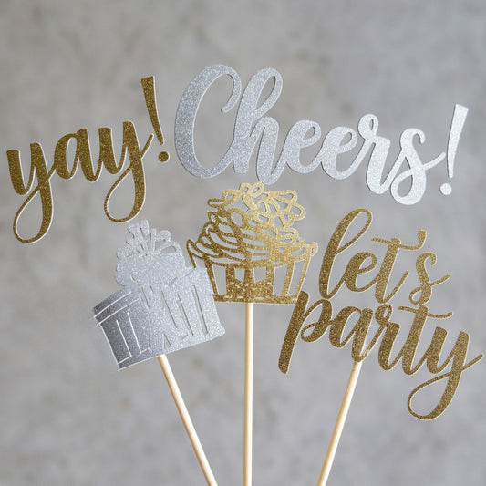 "Yay!" / "Cheers!" / "Let’s Party Cupcake Topper Gold x12