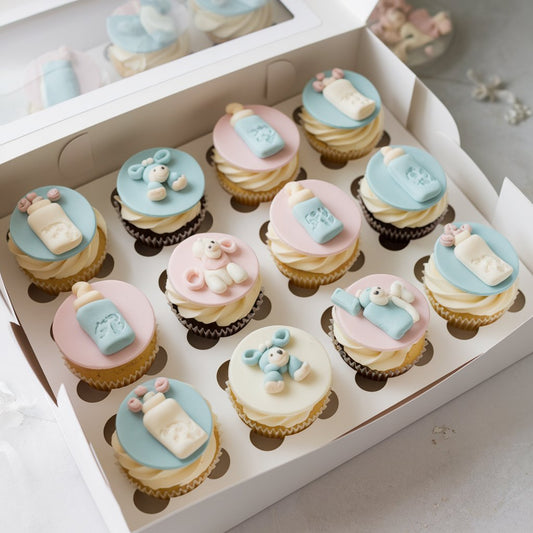 Box of 12 Baby Shower Cupcakes – Pastel Baby-Themed, Hand-Decorated Treats