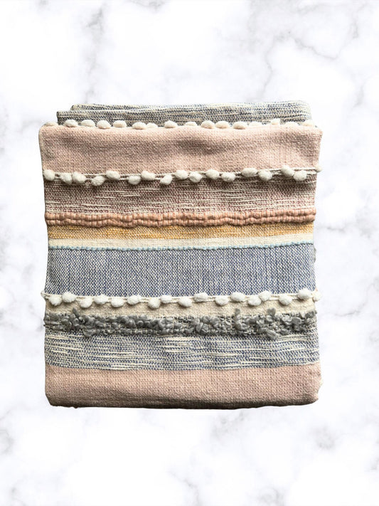 Cotton Striped Throw with Pom Poms – Cozy & Stylish (65” x 56”)